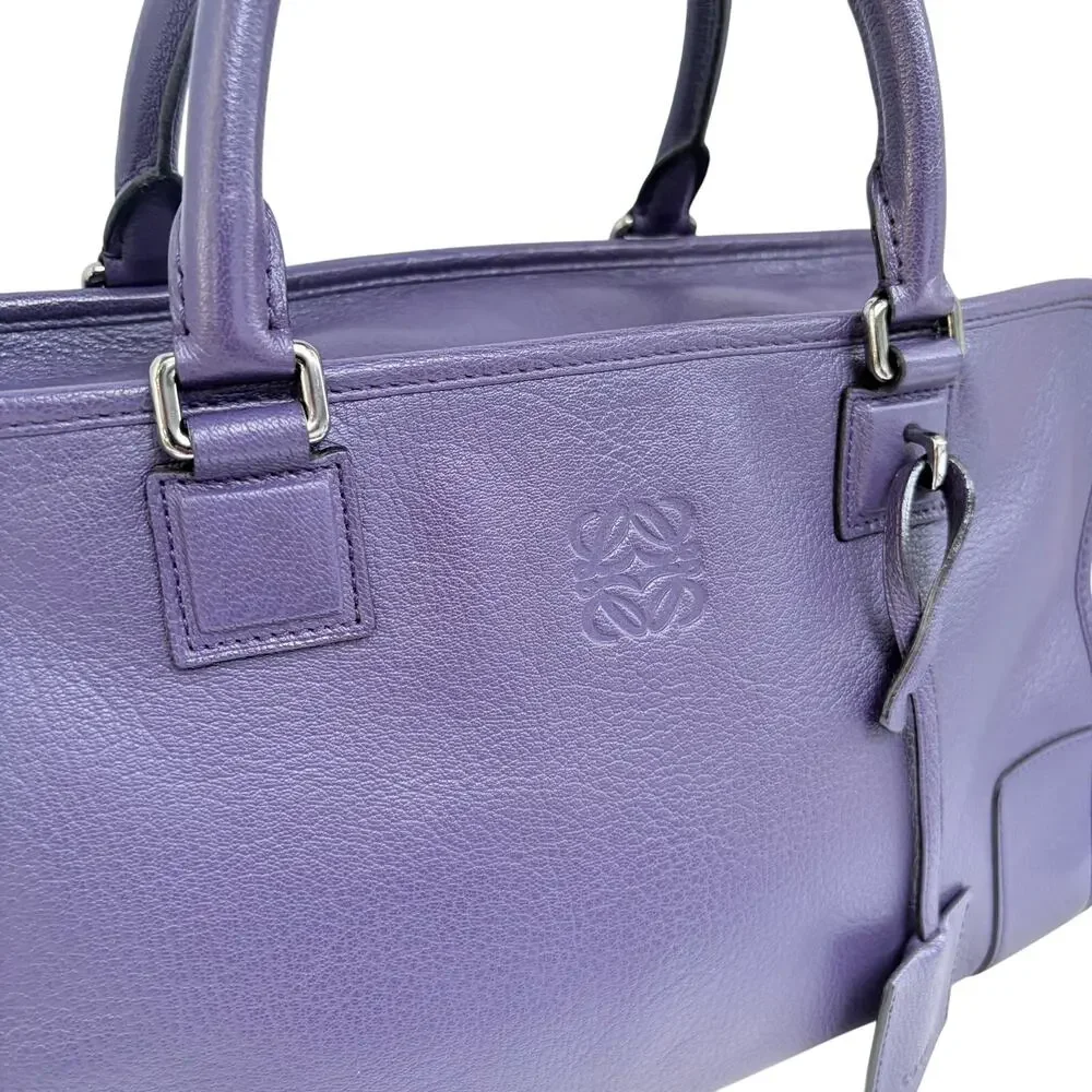 Loewe Amazona 36 Purple Leather Top Handle Bag Silver Hardware COA Dustbag Keys
